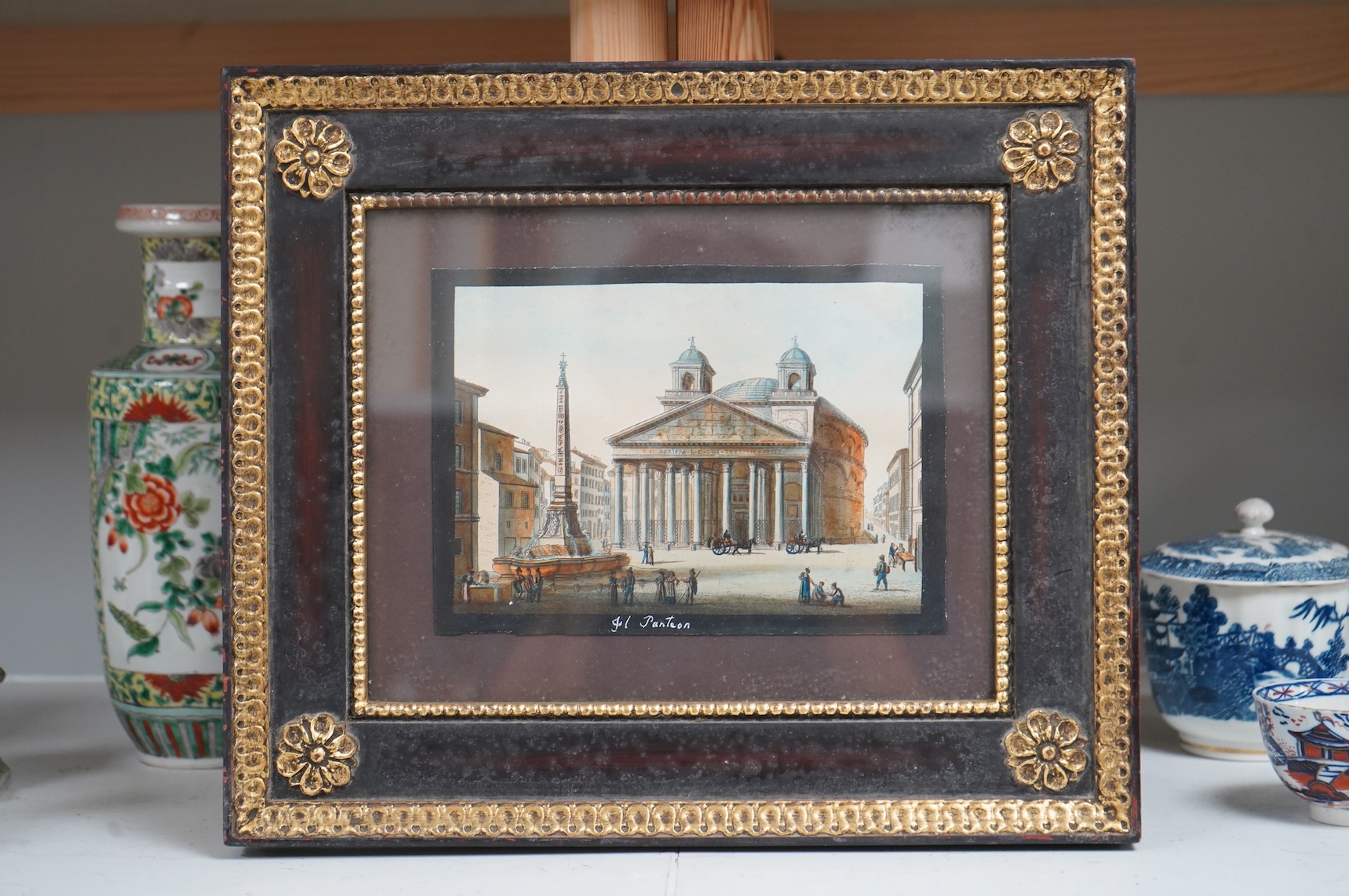 A set of five 18th / 19th century hand coloured engravings, Views of Rome, to include ‘Ponte S. Angelo’ and ‘Coloseo’, 15 x 18.5cm, each housed in ebonised gilt frames